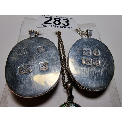 283 - A suite of 5x 925 silver pendants and silver chains to include 2x impressive hard stone pendants wit... 