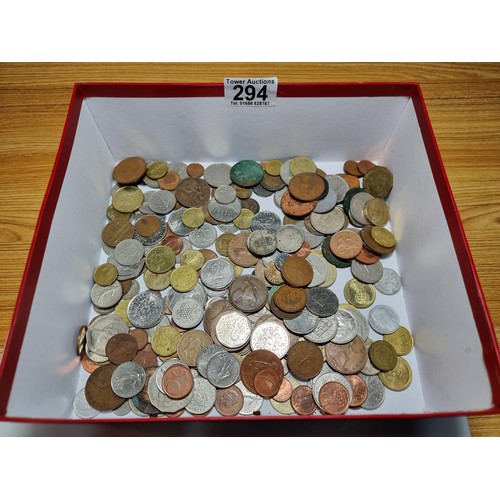 294 - A box containing a large quantity of various vintage coins from around the world.