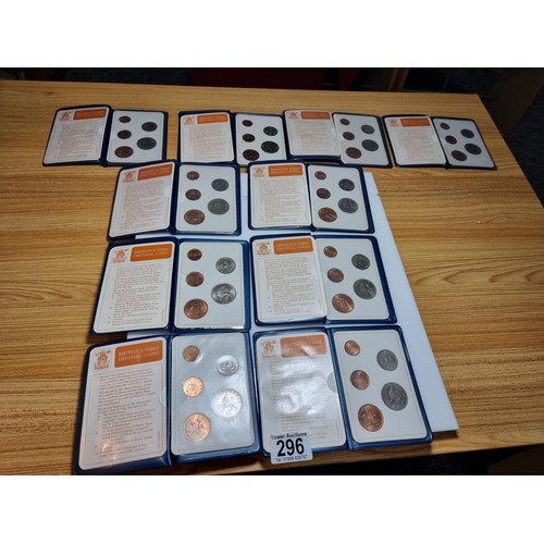 296 - A large bundle of 10x vintage Britain's first decimal coin sets, all in their wallets.