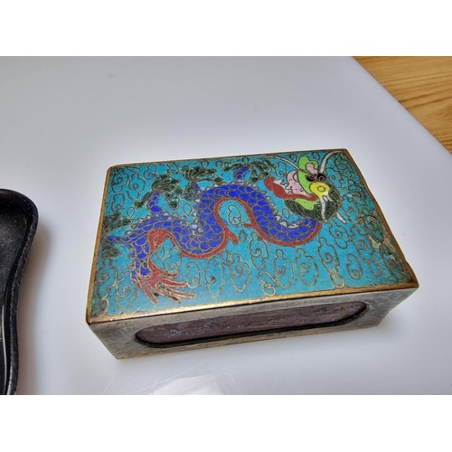 297 - A black plastic pin tray with a hallmarked silver plaque labelled pins along with a vintage cloisonn... 