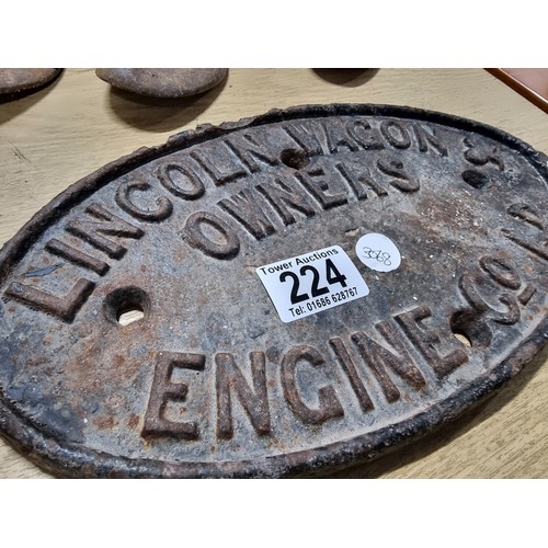 224 - Vintage oval cast iron sign advertising Lincoln Wagons & Owners Engine Co ltd along with 3x vintage ... 