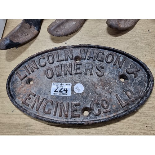 224 - Vintage oval cast iron sign advertising Lincoln Wagons & Owners Engine Co ltd along with 3x vintage ... 