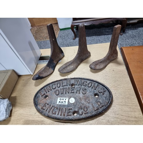 224 - Vintage oval cast iron sign advertising Lincoln Wagons & Owners Engine Co ltd along with 3x vintage ... 