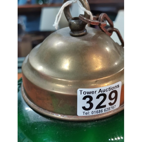 117A - Antique Large impressive variegated striped green glass shade with fluted edges and a brass top, ver... 