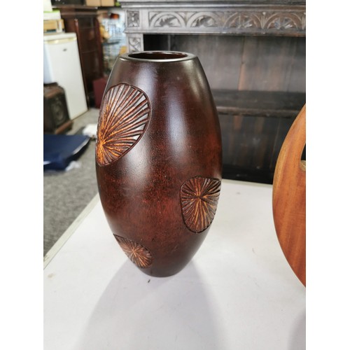 11 - Foldable wooden fair trade handled apple design serving tray along with a tall wooden conical vase b... 