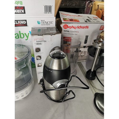 21 - A Kenwood food mixer with accessories and a James Martin mini grinder along with 2x vintage sets of ... 