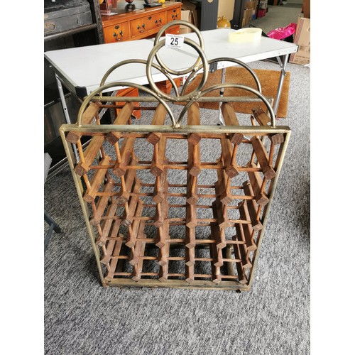 25 - Large heavy duty cast iron cased wooden wine rack 30 division height 91.5cm length 60cm width 22cm