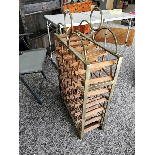 25 - Large heavy duty cast iron cased wooden wine rack 30 division height 91.5cm length 60cm width 22cm