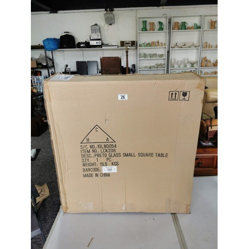 26 - Boxed as new small wooden preto glass topped square table, box open for photographing