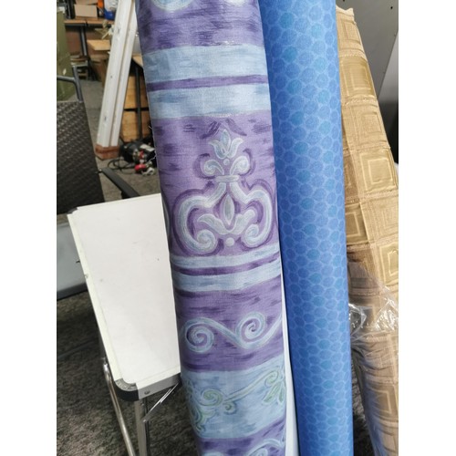 31 - Large quantity of 6x rolls of various fabric inc green floral design, 2x blue design rolls, brown sq... 