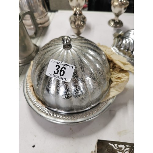 36 - Large quantity of plated ware inc scallop blue glass lined dishes, serving trays, butter dome, cruet... 