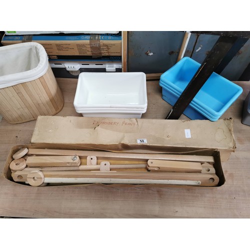 50 - Quantity of craft items inc embroidery frame, easel, 9x  storage plastic trays and a lined small lin... 