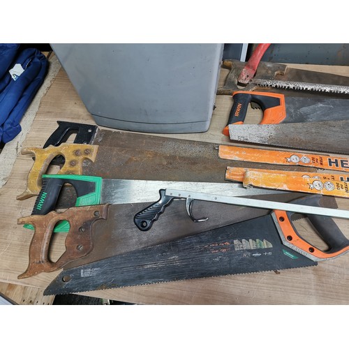 52 - Tub full of a large collection of various vintage saws Irwin, Bahco, Spear Jackson etc along with bo... 