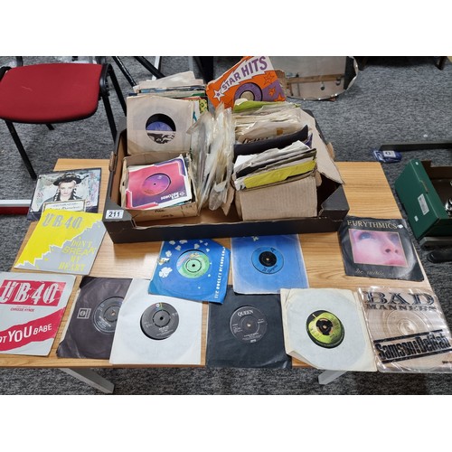 211 - A box full of various 45prm single records to include some good bands and artists, John Lennon, bad ... 