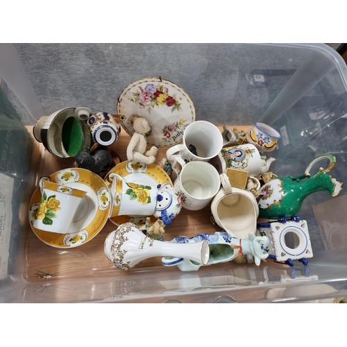 213 - 2x boxes full of collectable china to include a set of 6 pretty gilt cups a bronze resin bust comica... 