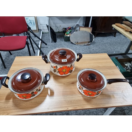 214 - 3x unused good quality pans with a hand painted design marked show pans by Sanko ware Japan