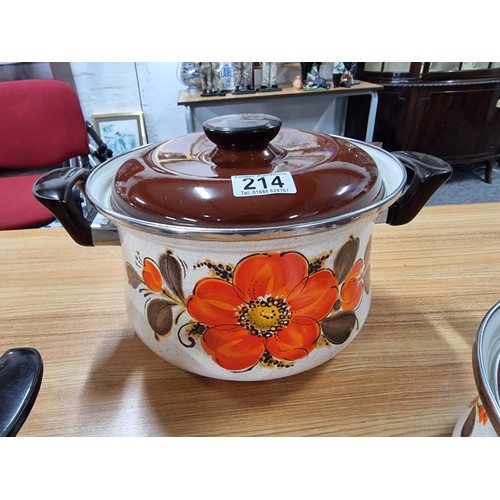 214 - 3x unused good quality pans with a hand painted design marked show pans by Sanko ware Japan