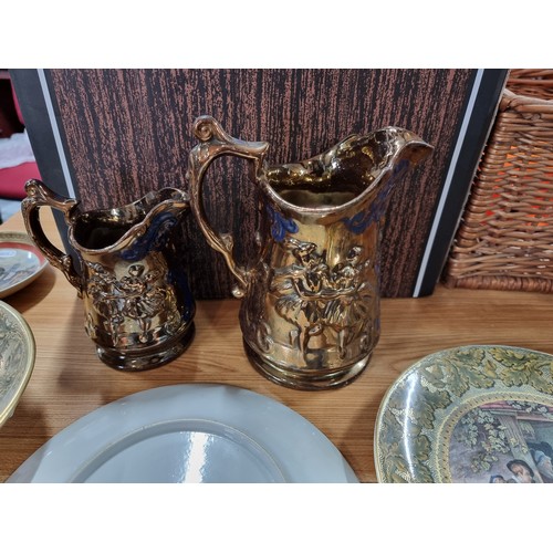 215 - Box of collectable china and a wicker picnic hamper to include 3x good west German vases marked Bay ... 