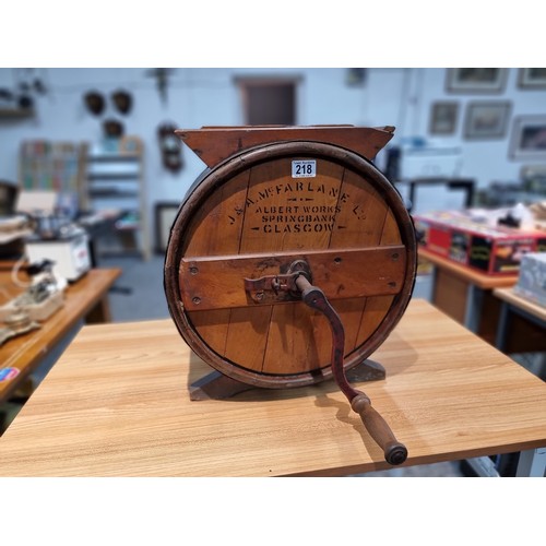 218 - A good antique solid wood butter churn marked for J&A McFarlane ltd Glasgow, in good overall conditi... 