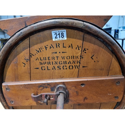 218 - A good antique solid wood butter churn marked for J&A McFarlane ltd Glasgow, in good overall conditi... 