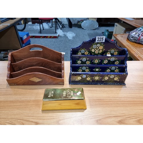 225 - 2x vintage letter racks, one which is lacquered with a hand painted floral design along with an imit... 