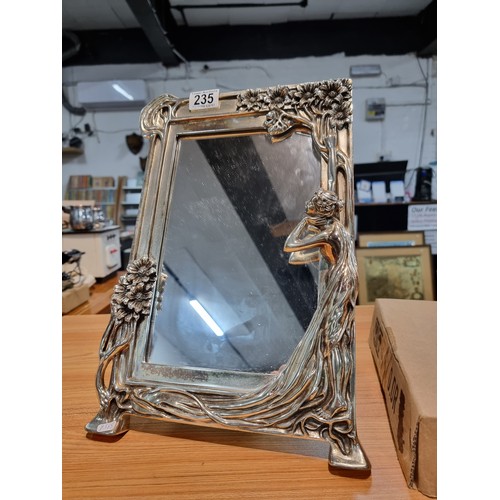 235 - A stunning large silver plated art Nouveau style table mirror featuring a lady to one side with a fl... 