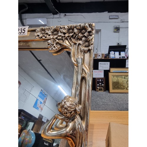 235 - A stunning large silver plated art Nouveau style table mirror featuring a lady to one side with a fl... 