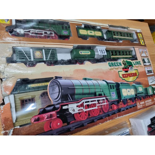 183 - A complete battery operated train set by Green Line Express along with 2 model N gauge locomotives o... 