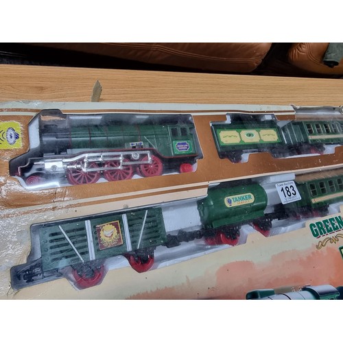 183 - A complete battery operated train set by Green Line Express along with 2 model N gauge locomotives o... 