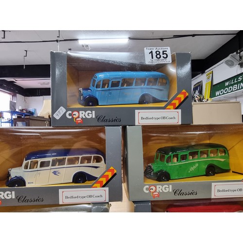 185 - 5x boxed as new Corgi classics Bedford type OB coaches, all different models.