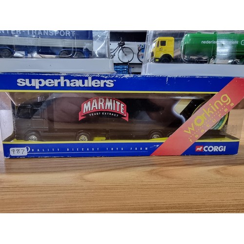 187 - A boxed Corgi Superhaulers Marmite lorry along with 3 as new diecast lorries.