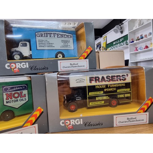 193 - 3x as new Corgi classics large Bedford O series pantechnicon vans.