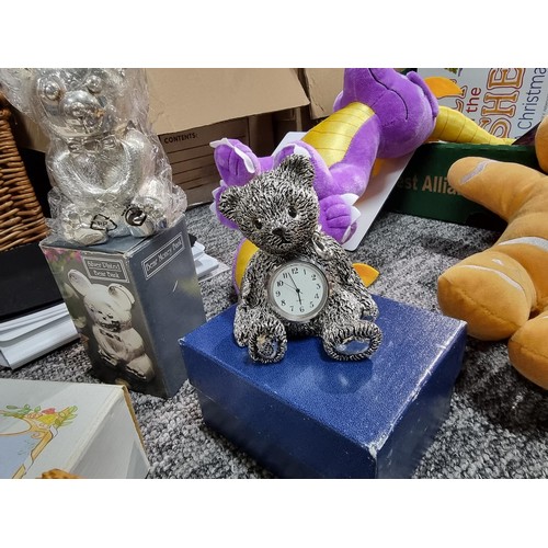 259 - A large job lot of collectable odds in 4 boxes to include boxed as new silver plated teddy bear bank... 