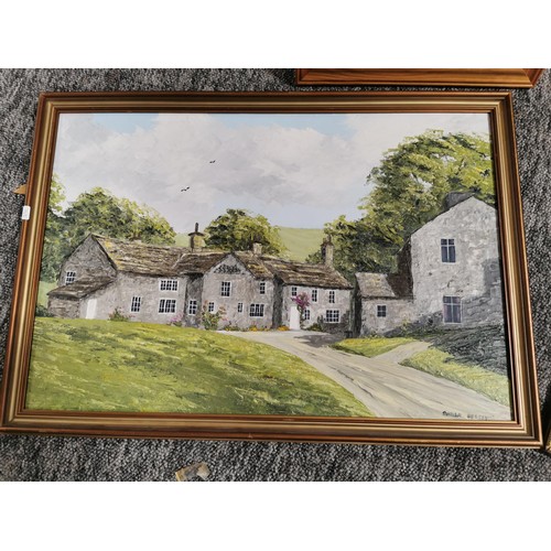 1 - Collection of 4x framed and glazed art work inc oil painting of a stone house, watercolour of a harb... 