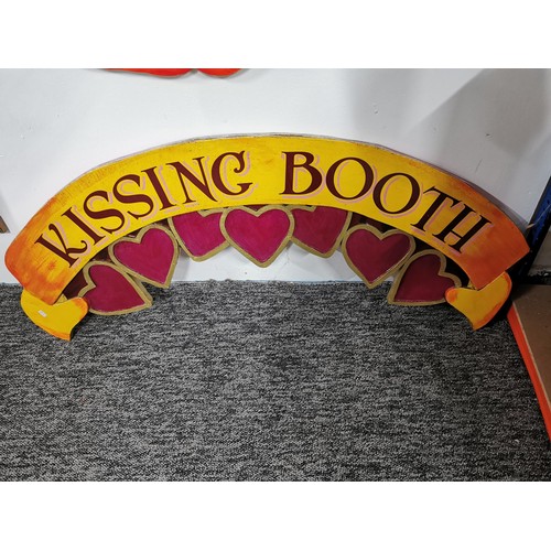 6 - 2x hand made wooden signs inc 'Pick your own farm fresh pumpkins' along with a kissing booth sign, l... 