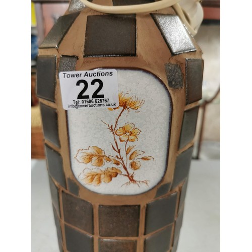 22 - Handmade mosaic bottle formed table lamp with floral design tile, stands at 66cm 15cm diameter