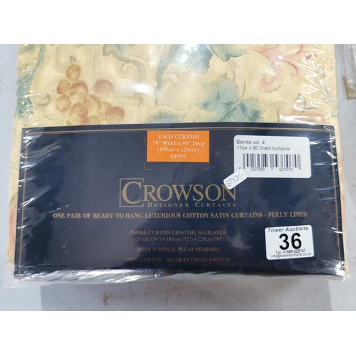 36 - 2x packets of Crowson curtains in bags in a gold floral colour with pleats and lined 78in width 90in... 