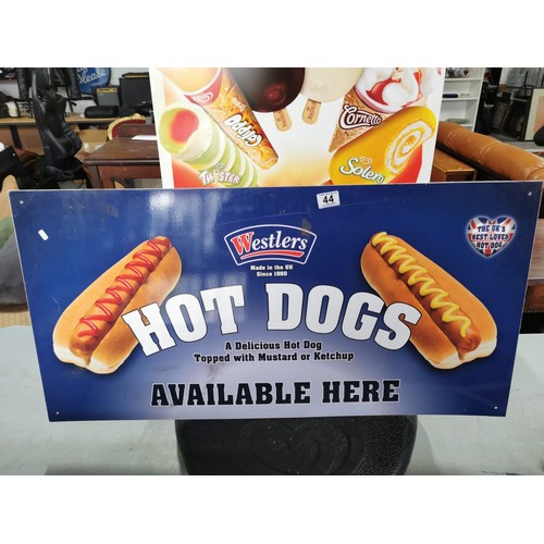 44 - 3x walls ice cream signs inc a wall mountable and a pavement sign along with a Westlers hot dog sign... 