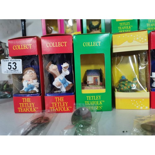 53 - Quantity of 20x The Tea Tetley tea folk boxed figurines and houses inc Gordon's potting shed, Sidney... 