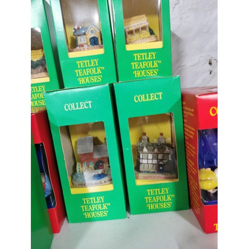 53 - Quantity of 20x The Tea Tetley tea folk boxed figurines and houses inc Gordon's potting shed, Sidney... 