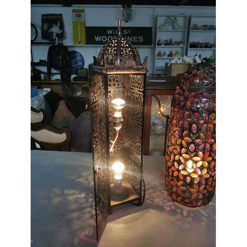 54 - 2x floor standing lanterns inc a Moroccon style metal lantern and a jewelled lantern tallest stands ... 