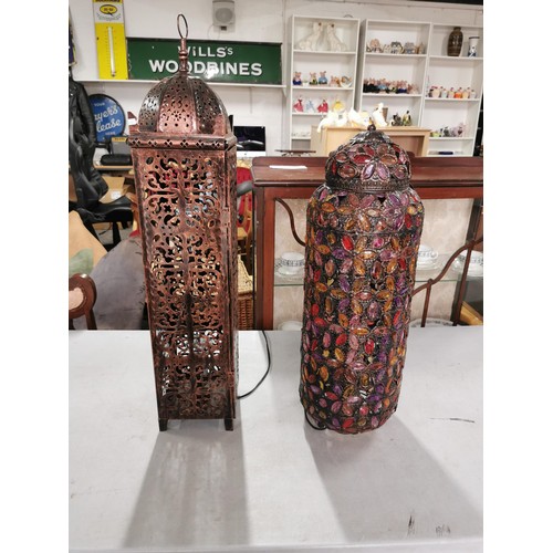 54 - 2x floor standing lanterns inc a Moroccon style metal lantern and a jewelled lantern tallest stands ... 