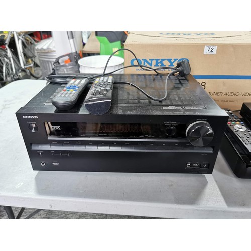 72 - Onkyo TX-SR508 AV Receiver amplifier in box in need of attention along with a freeview Humax recorde... 