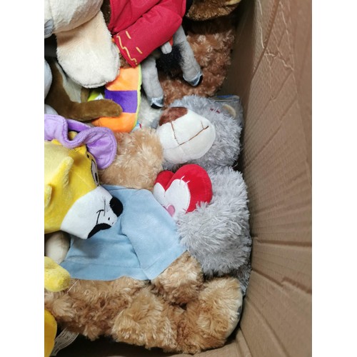 94 - Large box full of various soft toys inc, Donkey from Shrek, Desperate Dan, Garfield, Fantastic four,... 