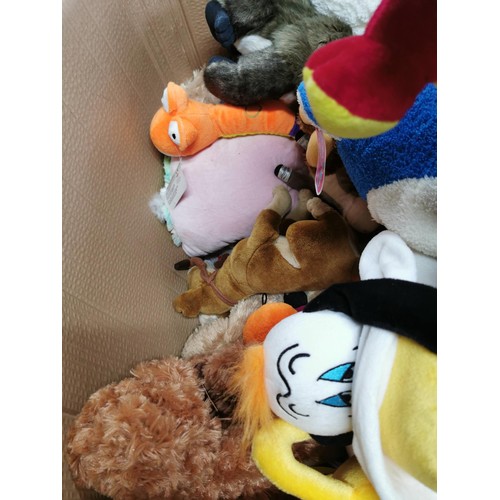 94 - Large box full of various soft toys inc, Donkey from Shrek, Desperate Dan, Garfield, Fantastic four,... 