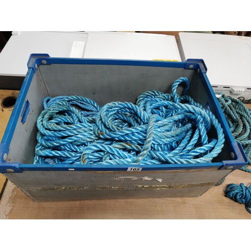 105 - Box containing a quantity of various sized blue nylon rope, thickest rope has a diameter of 3cm