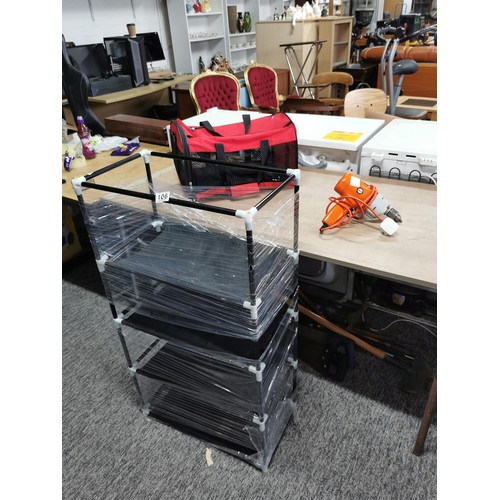 106 - 4 shelf storage shelf unit fully collapsible along with a red pet carrier bag and Black and Decker e... 