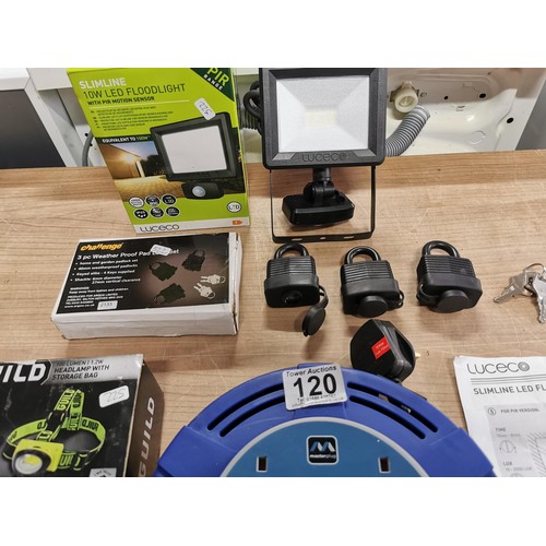 120 - A selection of 5 items to include a Guild headlamp with storage bag, a challenge 3 pc weather proof ... 