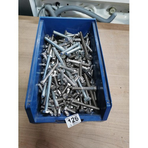 126 - A plastic storage box full of unused various sized bolts in good order