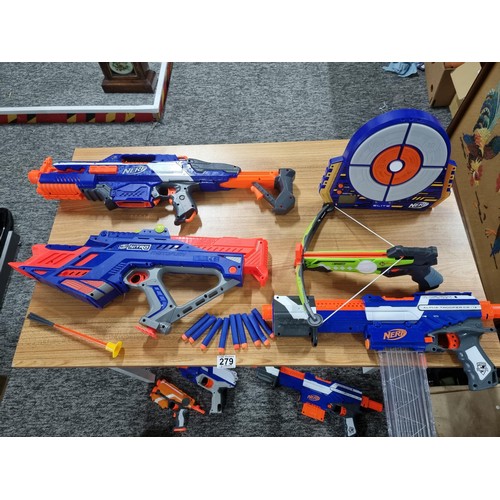 279 - A large collection of Nerf guns and accessories to include a Nerf car shooter, Nerf elite N-strike, ... 